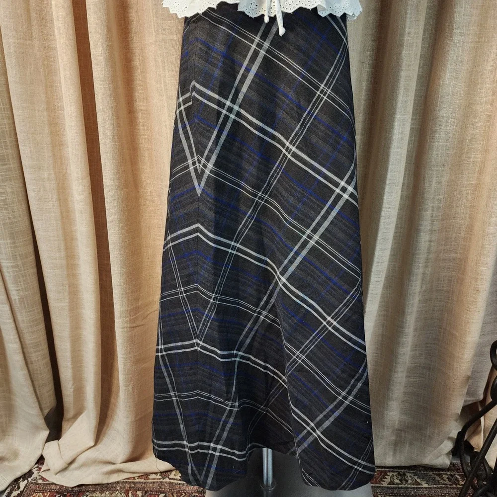 Plaid A-Line Maxi Skirt in Black and Blue